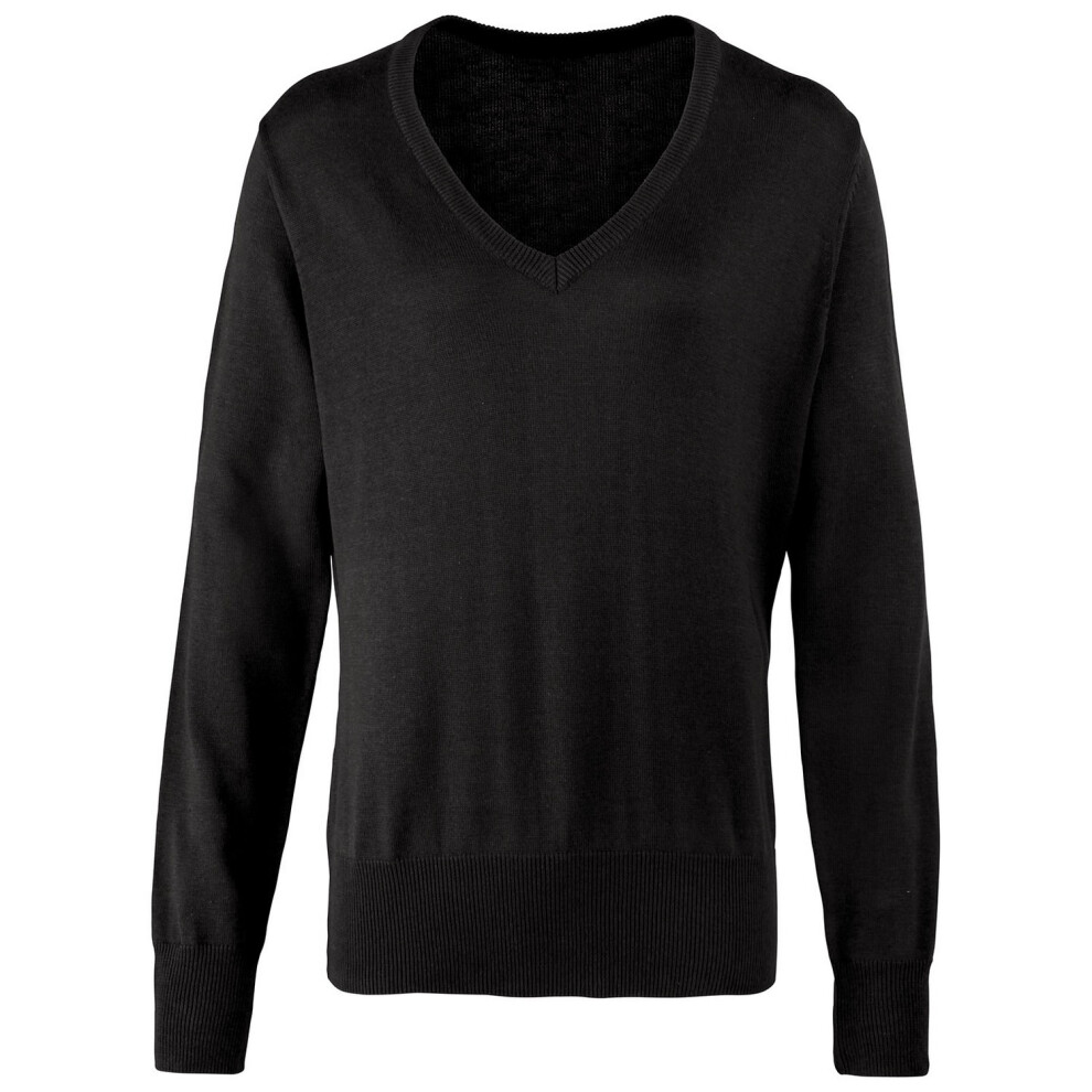 (8 UK, Black) Premier Womens/Ladies Knitted Cotton Acrylic V Neck Sweatshirt