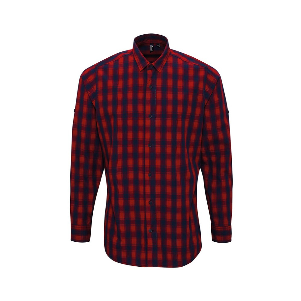(L, Red/Navy) Premier Mens Mulligan Checked Cotton Long-Sleeved Shirt