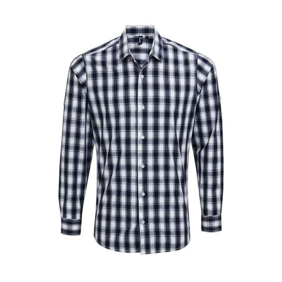 (M, White/Navy) Premier Mens Mulligan Checked Cotton Long-Sleeved Shirt