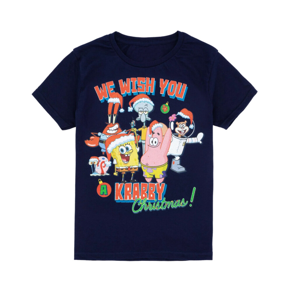 (11-12 Years, Navy) SpongeBob SquarePants Childrens/Kids Krabby Christmas T-Shirt