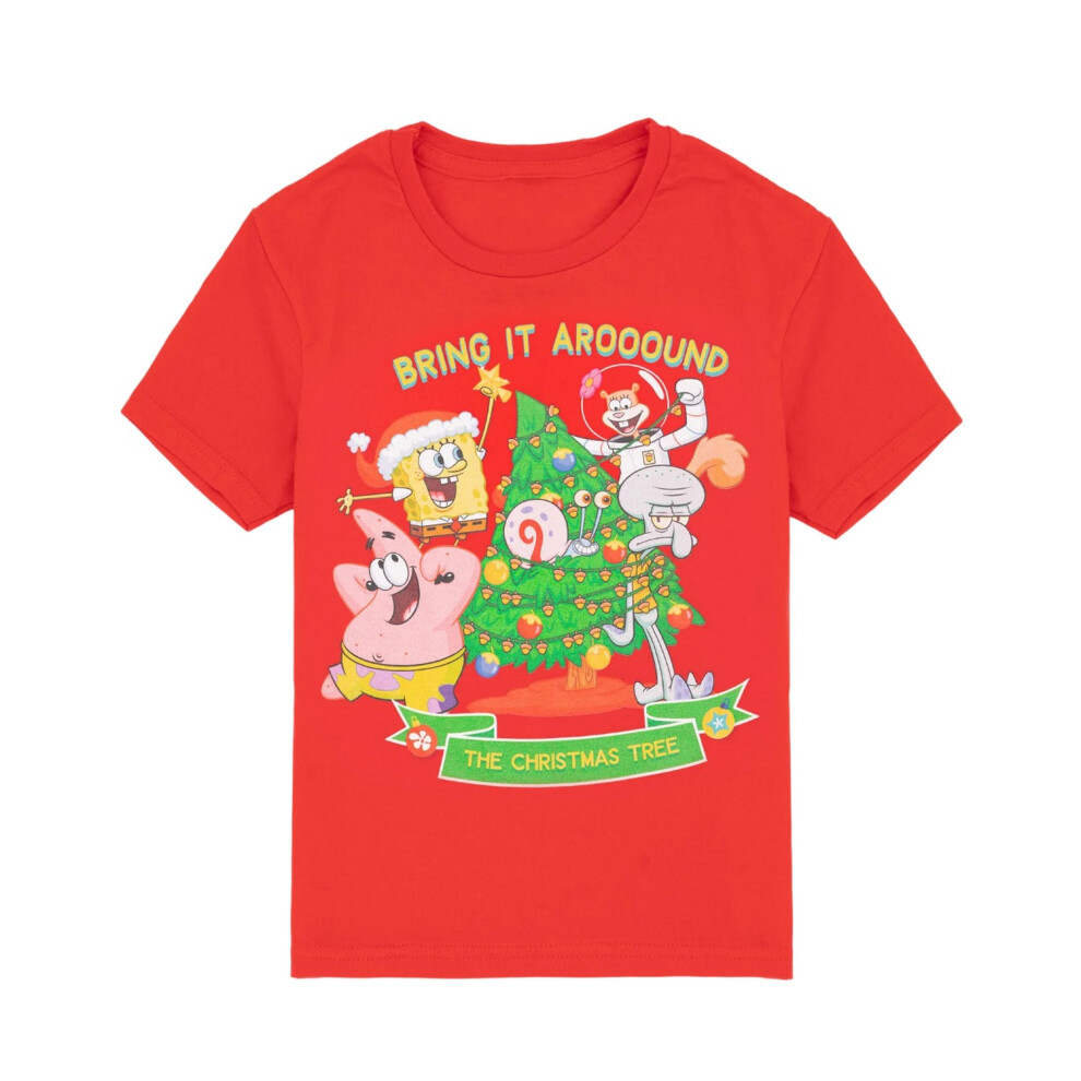 (11-12 Years, Red) SpongeBob SquarePants Childrens/Kids Christmas Tree T-Shirt