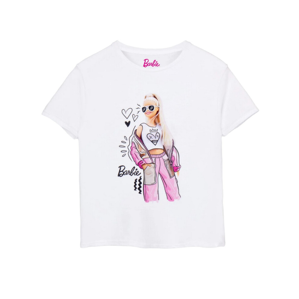 (9-10 Years, White) Barbie Girls Doodle Barbie Pose T-Shirt