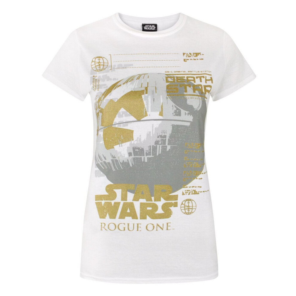 (L, White) Star Wars Womens/Ladies Rogue One Metallic Death Star T-Shirt