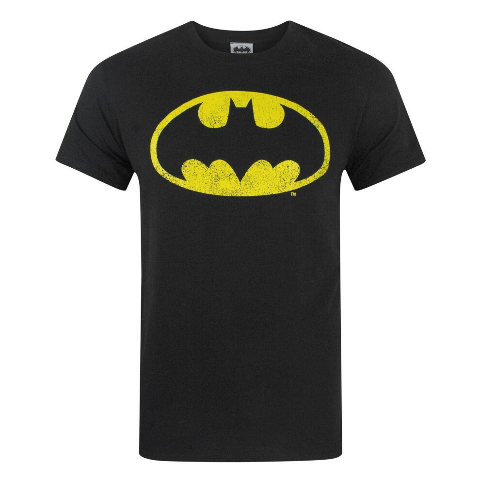 (S, Black) Batman Mens Distressed Logo T-Shirt