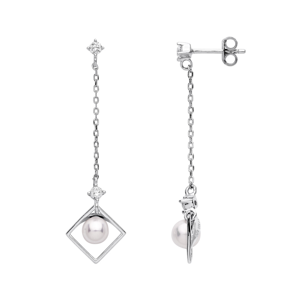 Jewelco London Ladies Rhodium Plated Sterling Silver Cream Pearl CZ Square Chain Art Deco Shoulder Duster Drop Earrings - GVE994