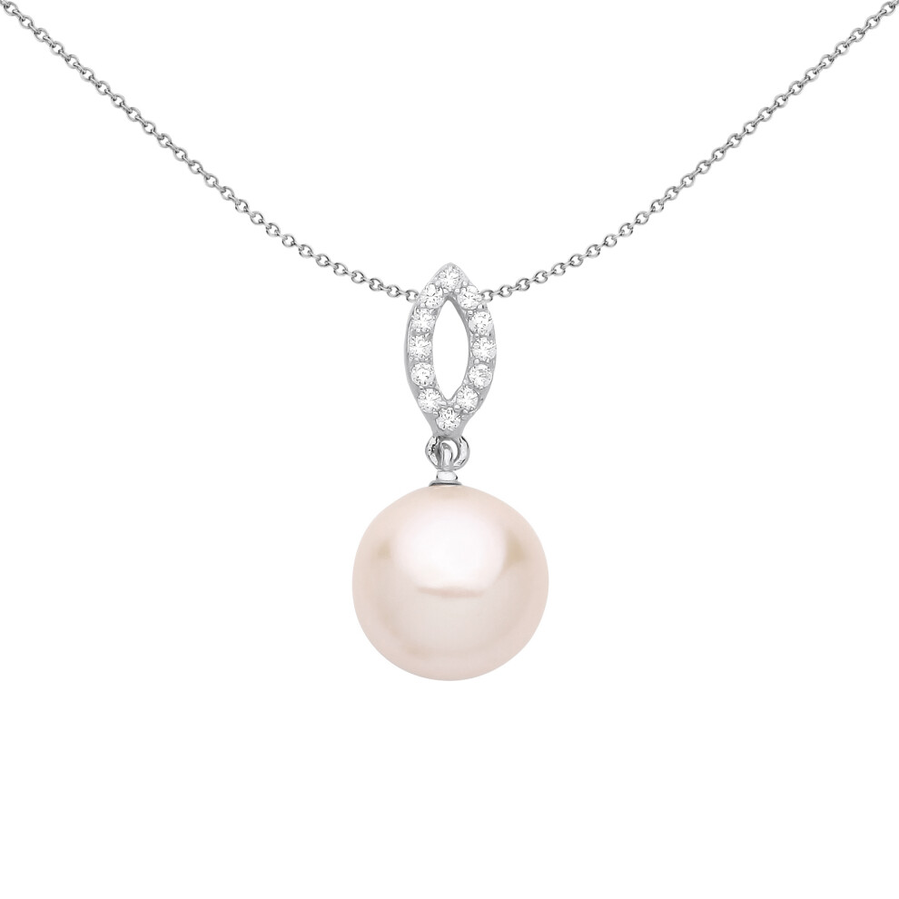 Jewelco London Ladies Rhodium Plated Sterling Silver Peach Pearl CZ Cats Eyes Halo Full Moon Pendant Necklace 18 inch - GVP680