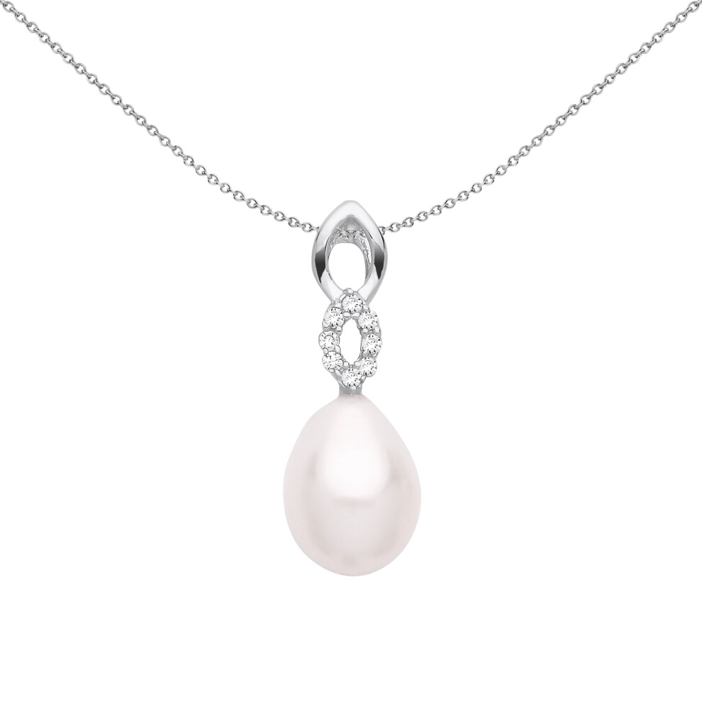 Jewelco London Ladies Sterling Silver Cream Pear Pearl CZ Infinity Cats Eyes Halo Peach Pear Pendant Necklace 18 inch - GVP681