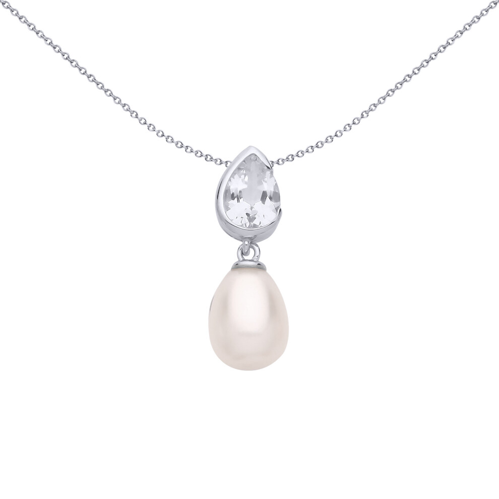 Jewelco London Ladies Rhodium Plated Sterling Silver Cream Pear Pearl CZ Mirrored Pear Drops Pendant Necklace 18 inch - GVP682