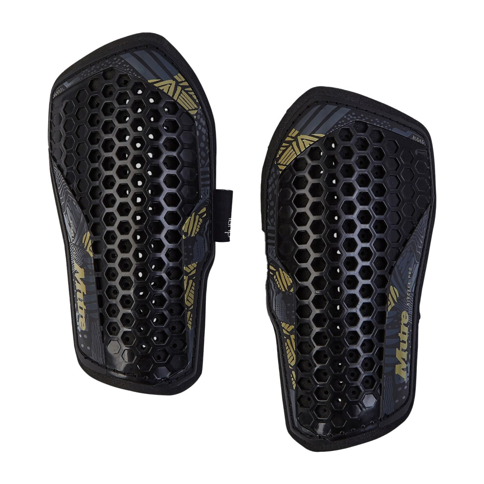 (S, Black/Gold) Mitre Mens Pro 2024 Aircell Technology Shin Guards Set