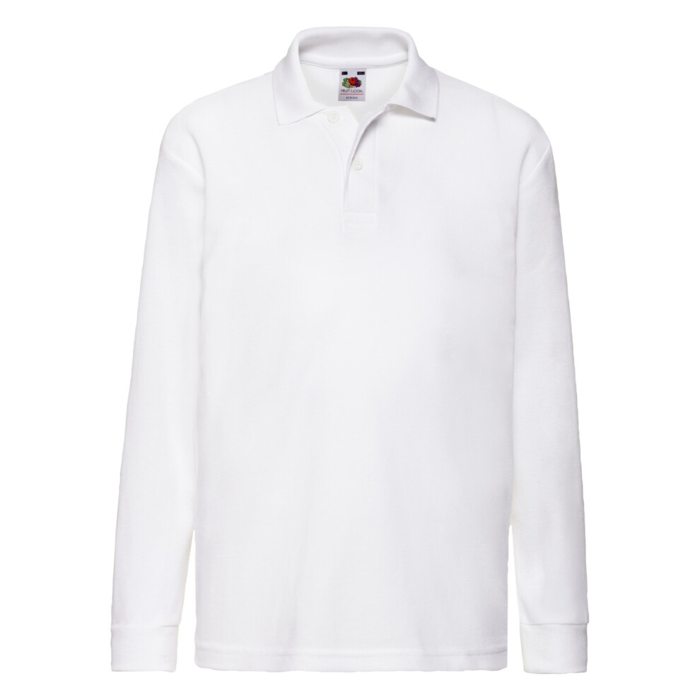 (9-11 Years, White) Fruit of the Loom Childrens/Kids 65/35 Plain Long-Sleeved Polo Shirt