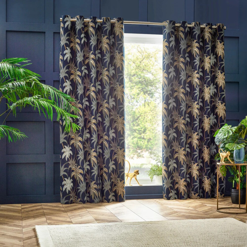(168cm x 137cm, Navy) Wylder Galapagos Jacquard Eyelet Curtains-image-OPC-PF65RWJ-NEW