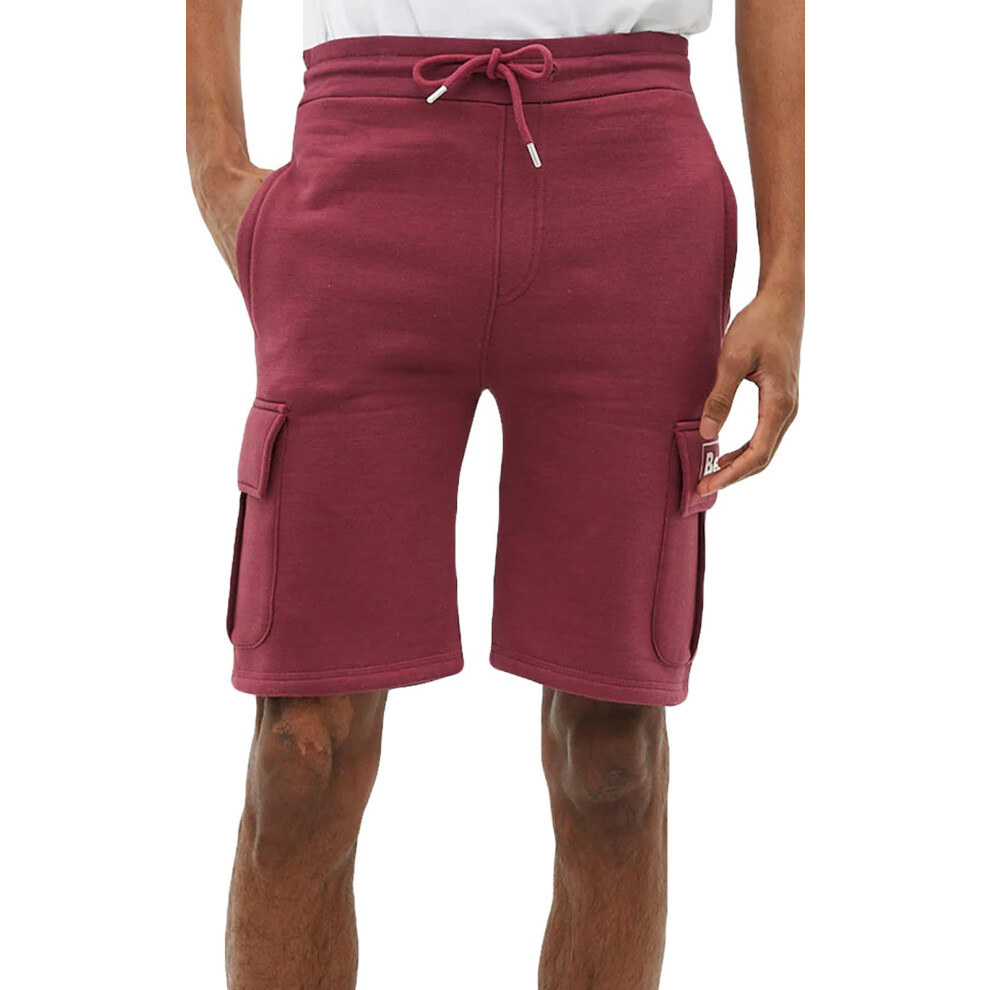 (Burgundy, M) Men Fleece Cargo Shorts Elasticated Waist Gym Pant