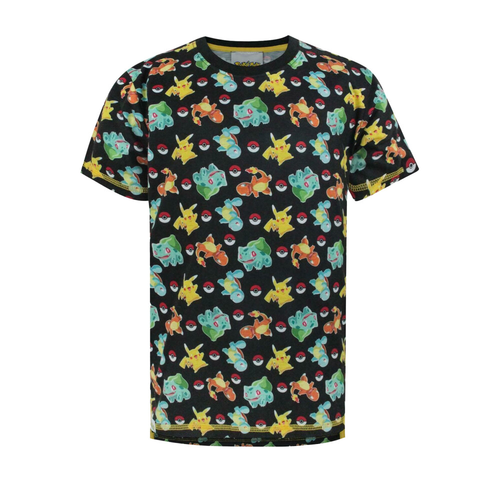 (11-12 Years, Black) Pokemon Boys Starters Sublimated T-Shirt