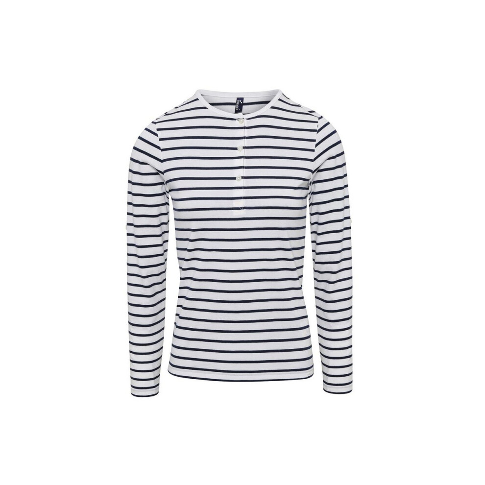 (S, White/Navy) Premier Womens/Ladies Long John Striped Roll Sleeve T-Shirt