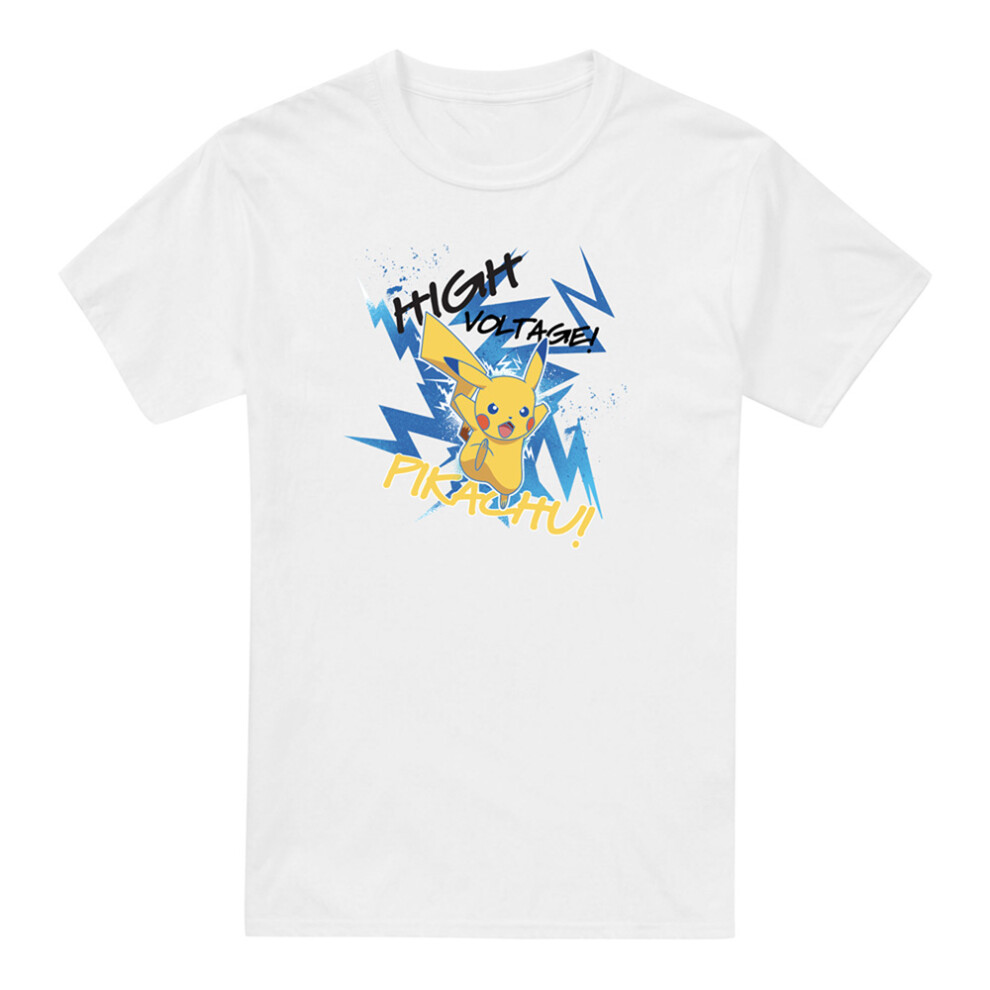 (L, White/Yellow) Pokemon Mens Pikachu T-Shirt