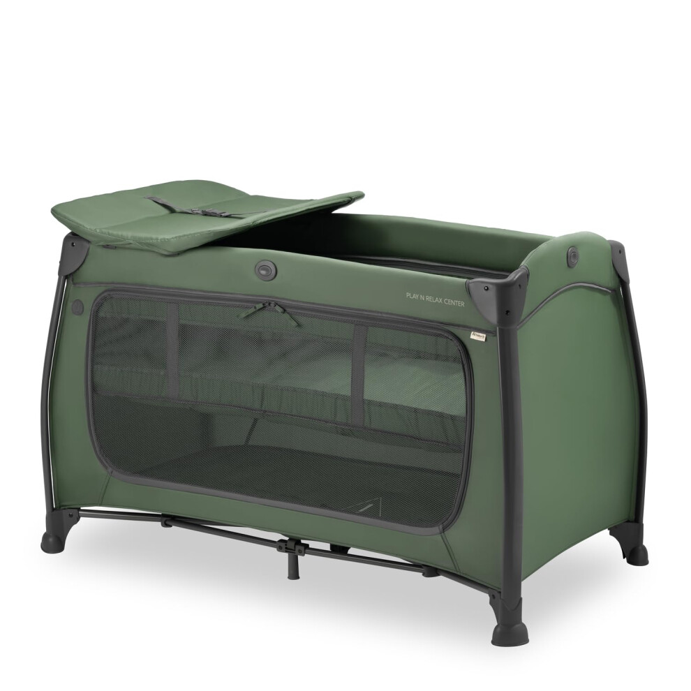 hauck Play N Relax Center Travel Cot, Dark Green - Fast Folding & Compact, with Changing Mat & Travel Bag, 120cm x 60cm, from Birth - 15kg