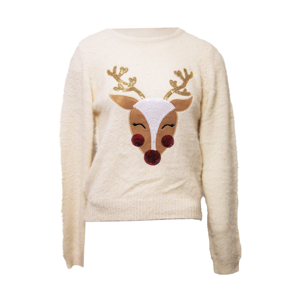 (XS, Cream) Brave Soul Womens Have A Merry Christmas Reindeer Jumper