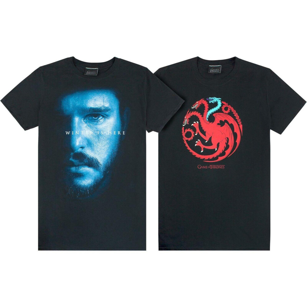 (L, Black) Game of Thrones Mens Ice And Fire Dragons Jon Snow T-Shirt (Pack of 2)