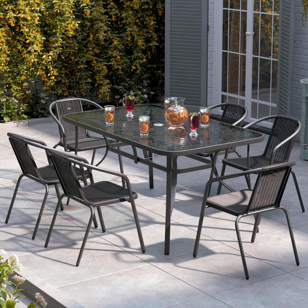 (150cm Rectangle Table+6PC Chair) Tempered Glass Outdoor Coffee Table and Rattan Chairs Set
