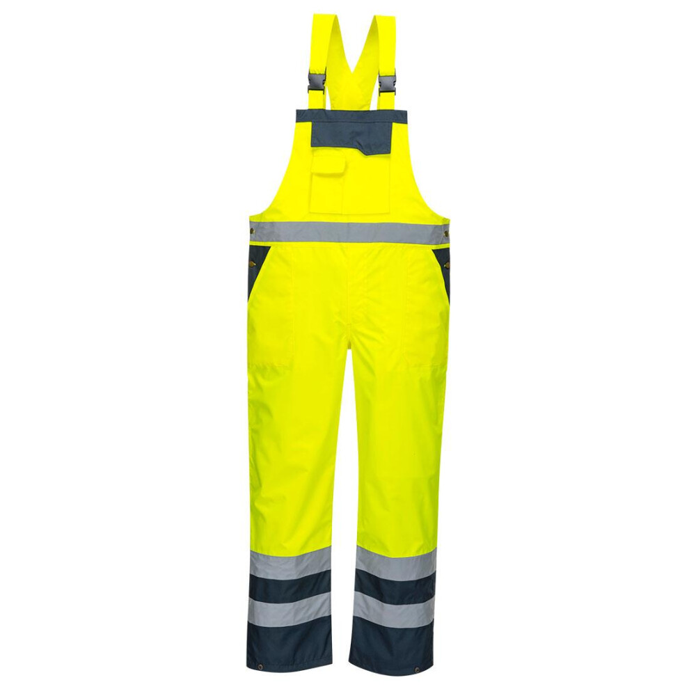 (3XL, Yellow/Navy) Portwest Mens Rain Contrast Hi-Vis Bib And Brace Overall