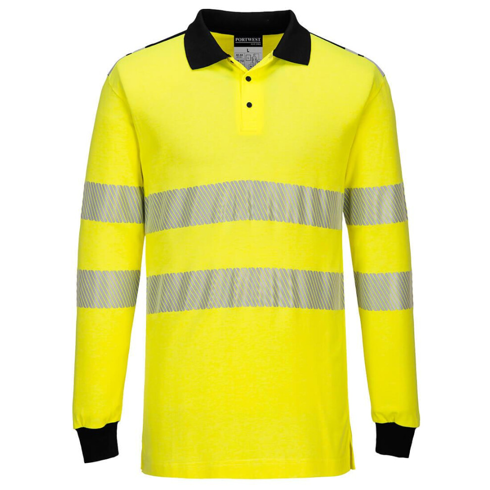 (3XL, Yellow/Black) Portwest Mens PW3 Flame Resistant Hi-Vis Long-Sleeved Polo Shirt