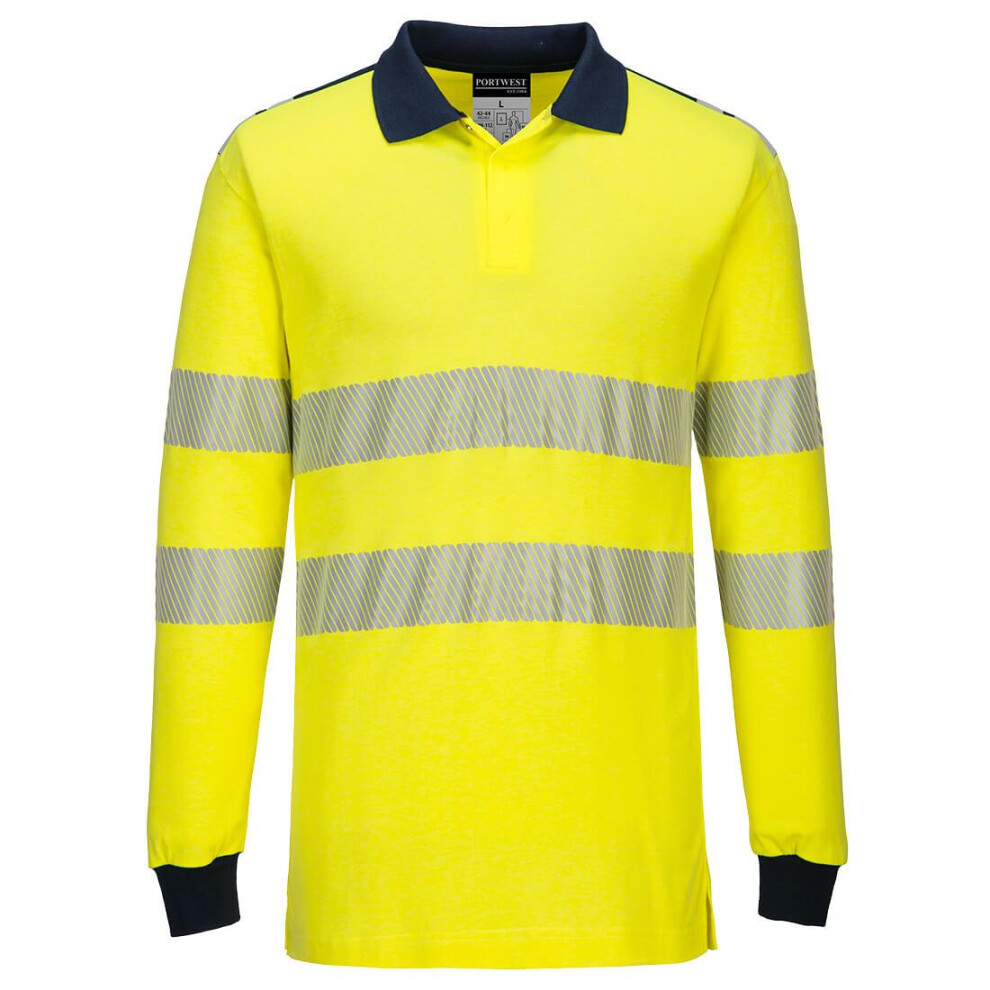 (S, Yellow/Navy) Portwest Mens PW3 Flame Resistant Hi-Vis Long-Sleeved Polo Shirt