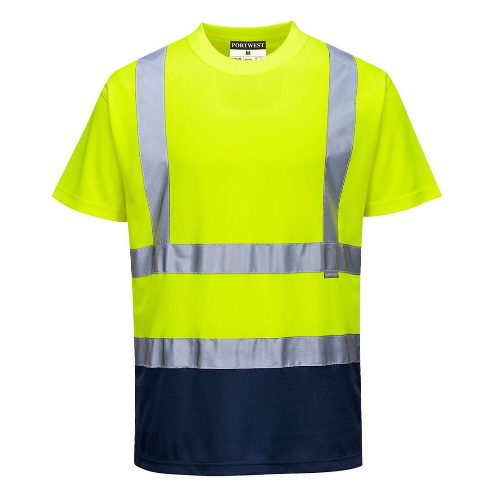 (S, Yellow/Navy) Portwest Mens Contrast High-Vis Short-Sleeved T-Shirt