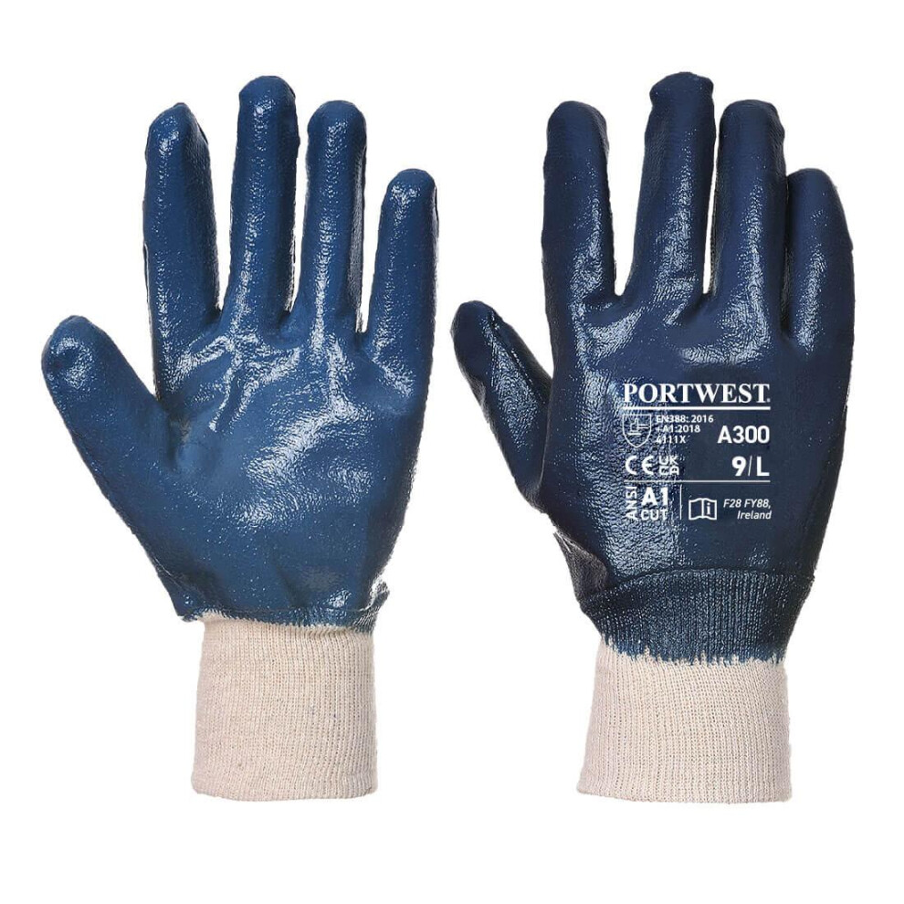 (M, Navy) Portwest Unisex Adult A300 Knitted Cuff Nitrile Safety Gloves