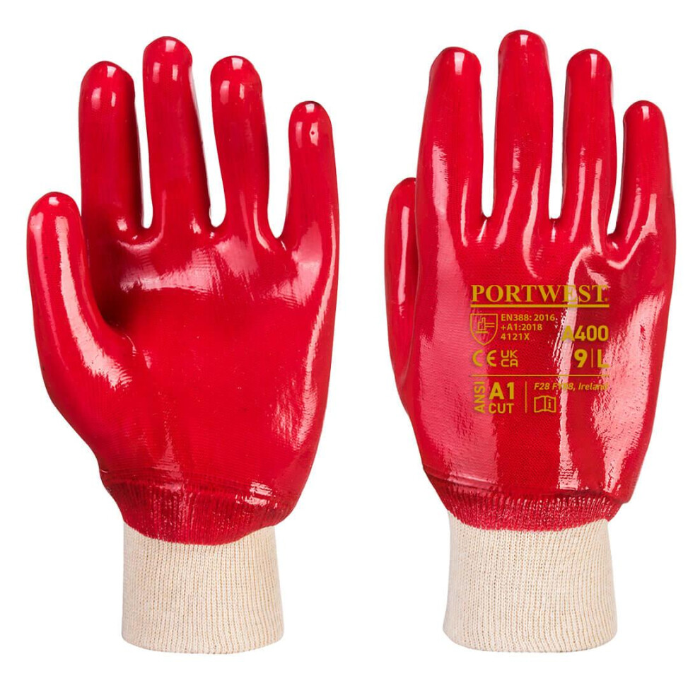 (L, Red) Portwest Unisex Adult A400 Knitted Cuff PVC Safety Gloves