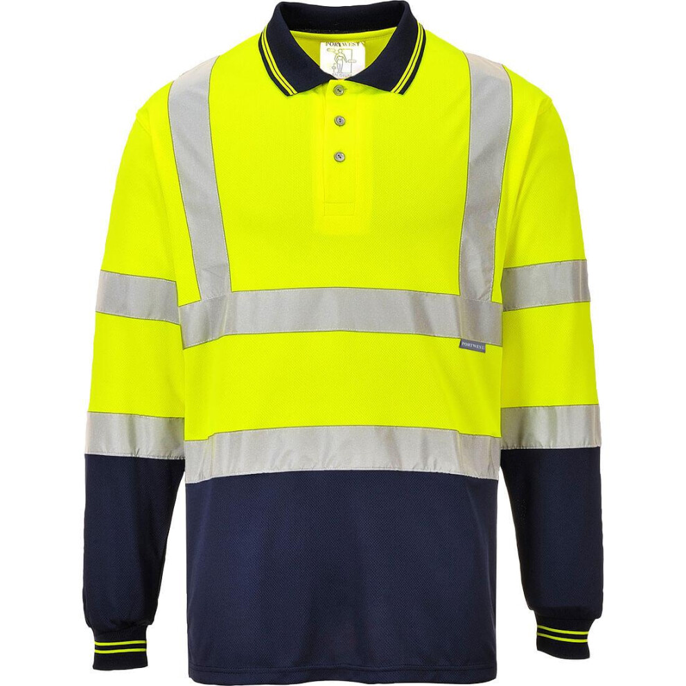 (L, Yellow/Navy) Portwest Mens S279 Contrast Hi-Vis Long-Sleeved Polo Shirt