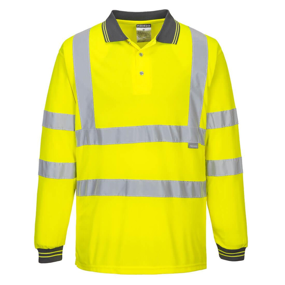 (L, Yellow) Portwest Mens S277 Hi-Vis Long-Sleeved Polo Shirt