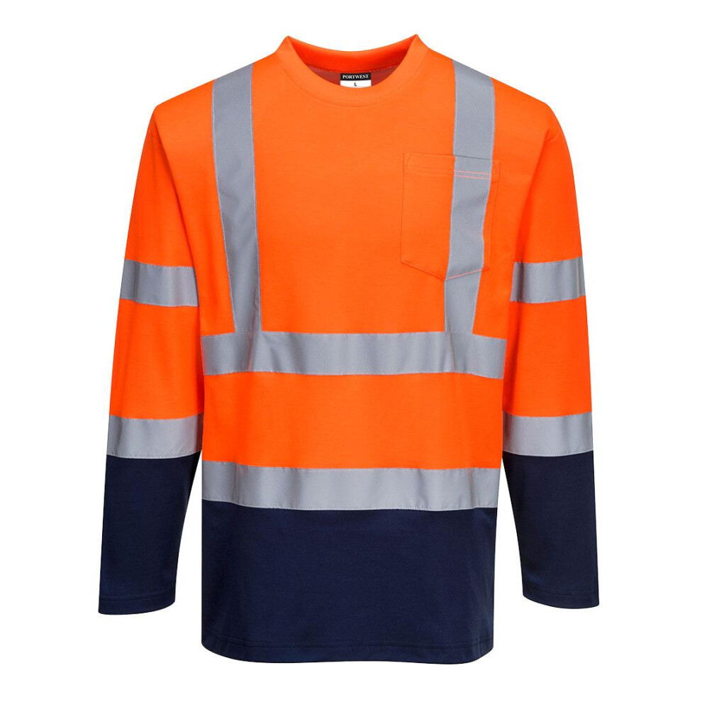 (M, Orange/Navy) Portwest Mens Contrast Cotton High-Vis Comfort Long-Sleeved T-Shirt