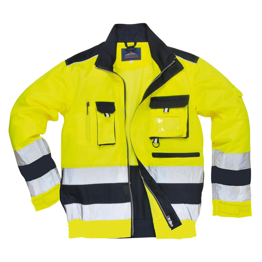 (S, Yellow/Navy) Portwest Mens Lille Contrast Hi-Vis Bomber Jacket