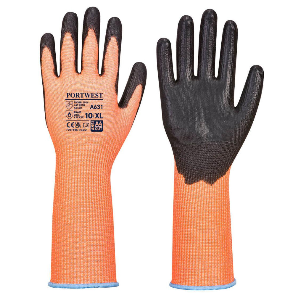 (3XL, Orange/Black) Portwest Unisex Adult A631 Vis Tex Long Cuff Cut Resistant Gloves