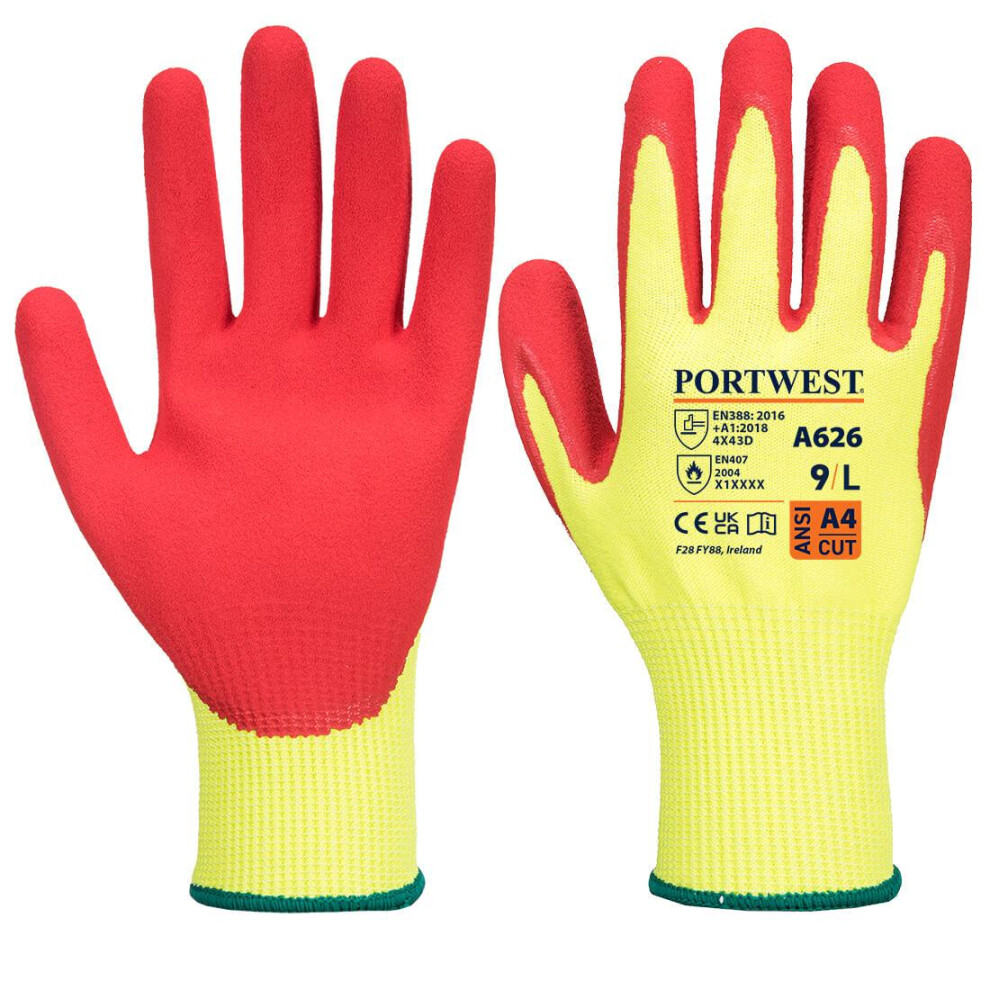 (S, Yellow/Red) Portwest Unisex Adult A626 Vis Tex HR Cut Resistant Gloves