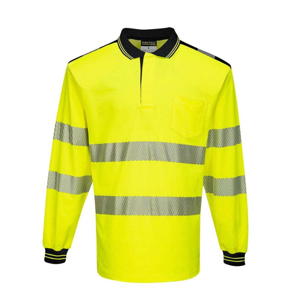 (XS, Yellow/Black) Portwest Mens PW3 Hi-Vis Comfort Long-Sleeved Polo Shirt