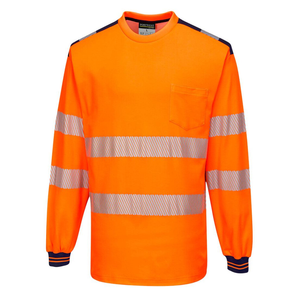 (4XL, Orange/Navy) Portwest Mens PW3 Knitted Hi-Vis Comfort Long-Sleeved Safety T-Shirt