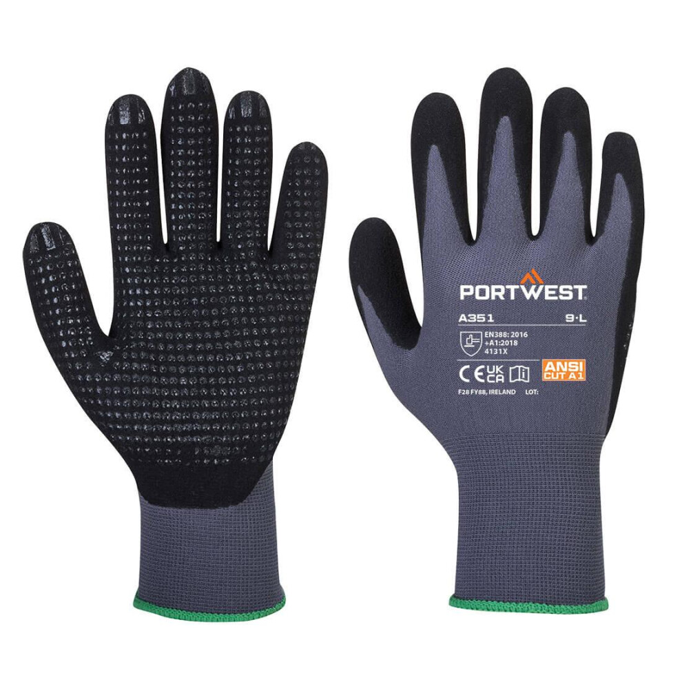 (L, Grey/Black) Portwest Unisex Adult A351 DermiFlex Plus Grip Gloves