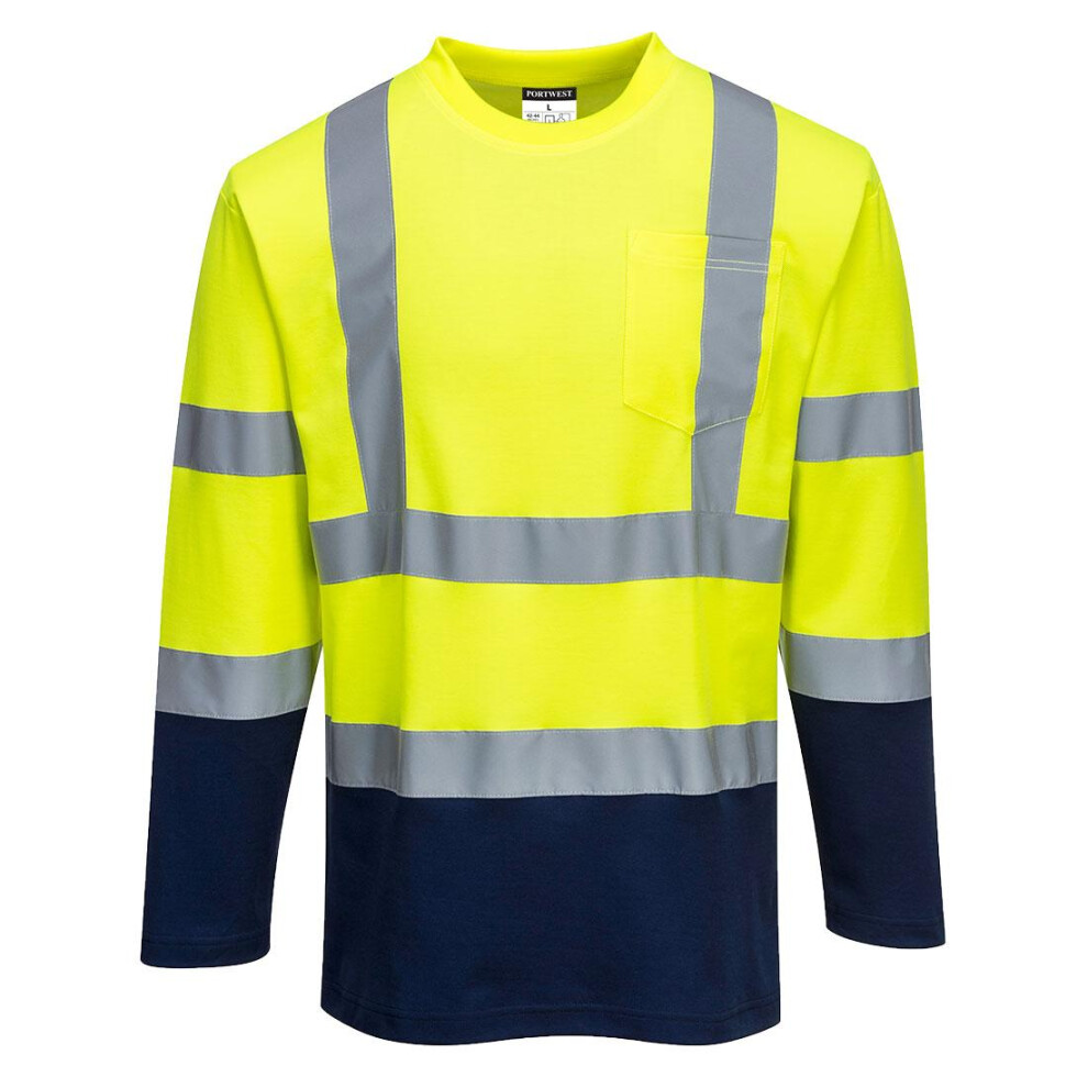 (3XL, Yellow/Navy) Portwest Mens Contrast Cotton High-Vis Comfort Long-Sleeved T-Shirt