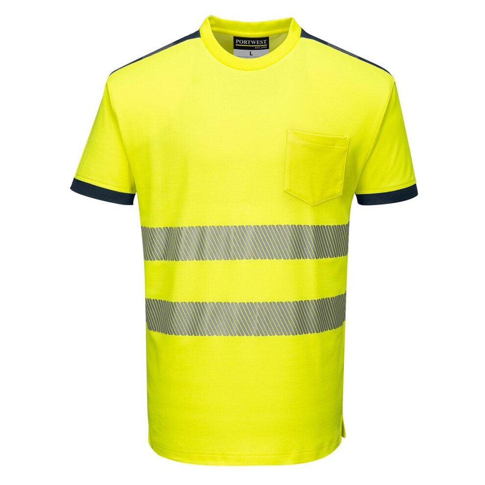 (S, Yellow/Navy) Portwest Mens PW3 Cotton Hi-Vis Comfort T-Shirt