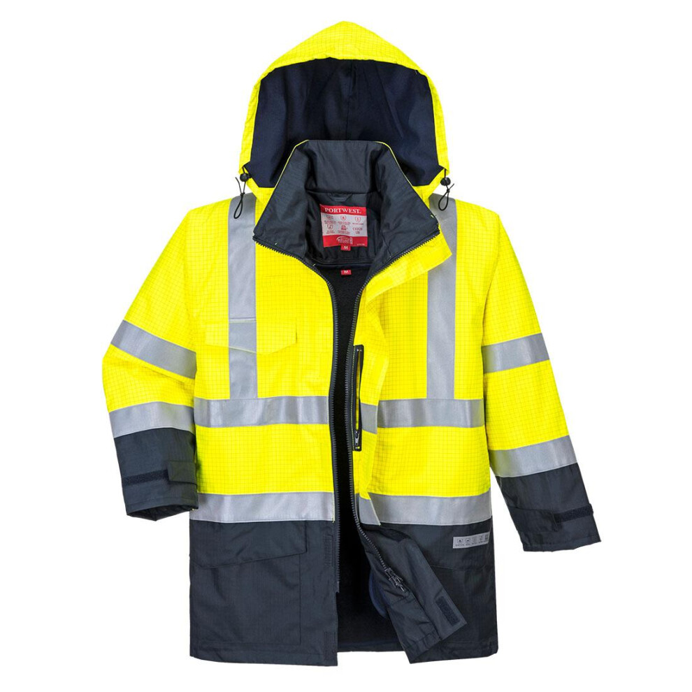 (M, Yellow/Navy) Portwest Mens Hi-Vis Bizflame Rain Multi-Norm Jacket