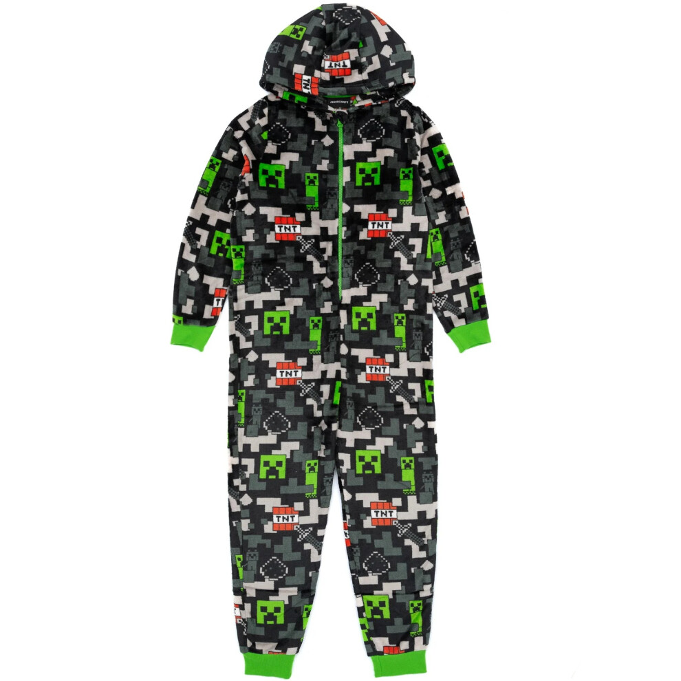 (10-11 Years, Black/Green) Minecraft Childrens/Kids All-Over Print Sleepsuit