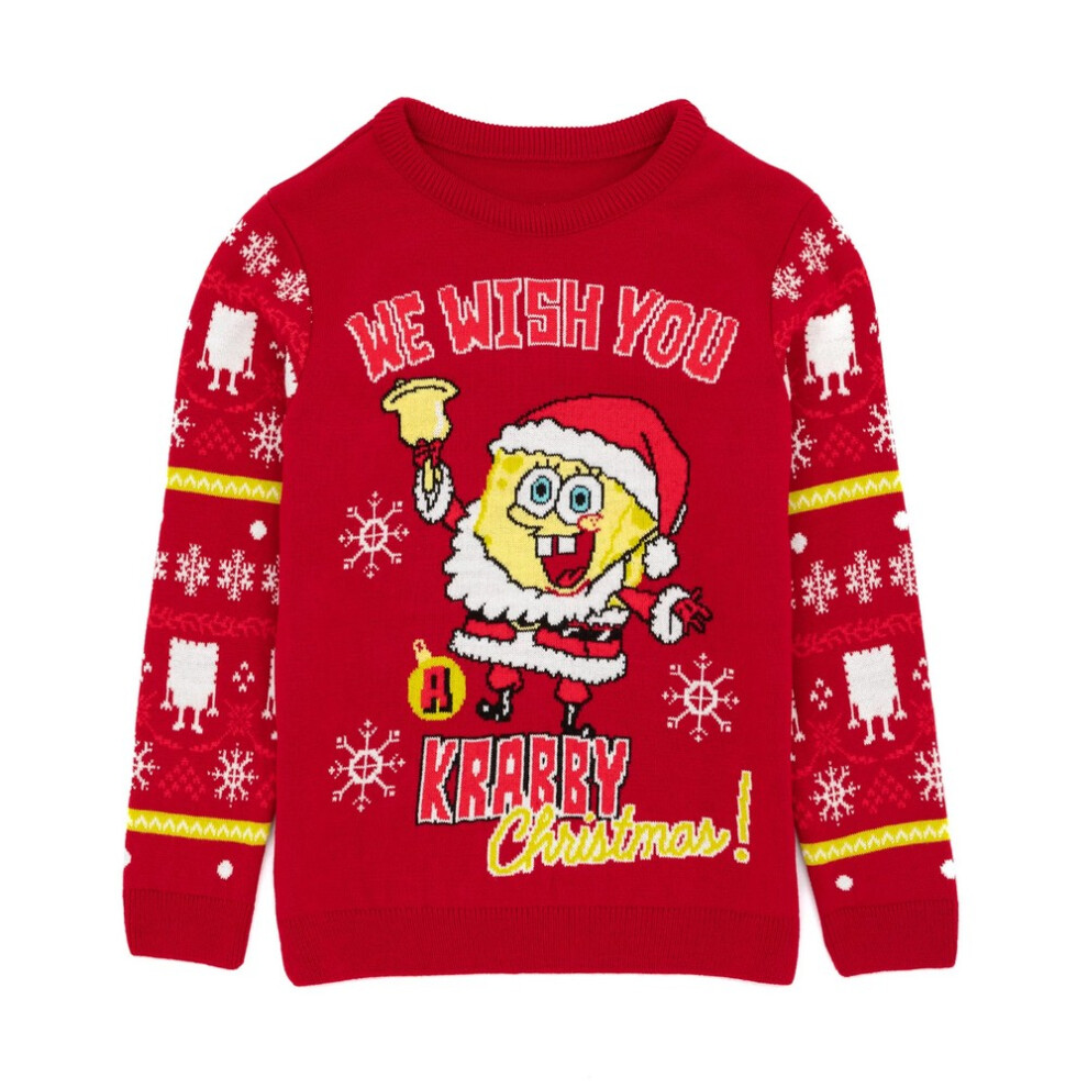 (9-10 Years, Red) SpongeBob SquarePants Childrens/Kids Knitted Christmas Jumper