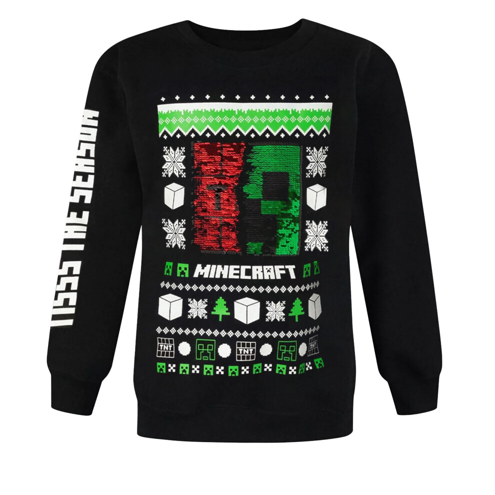 (7 Years, Black/Green/White) Minecraft Childrens/Kids Creeper Sequins Christmas Jumper