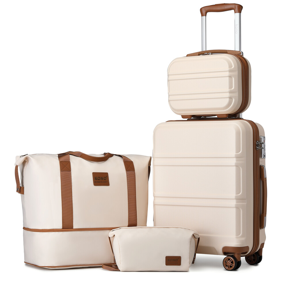 (Dark Beige/Brown) 4PCS Travel Set 12+20 Inch ABS Hard Shell Suitcase And Travel Bags