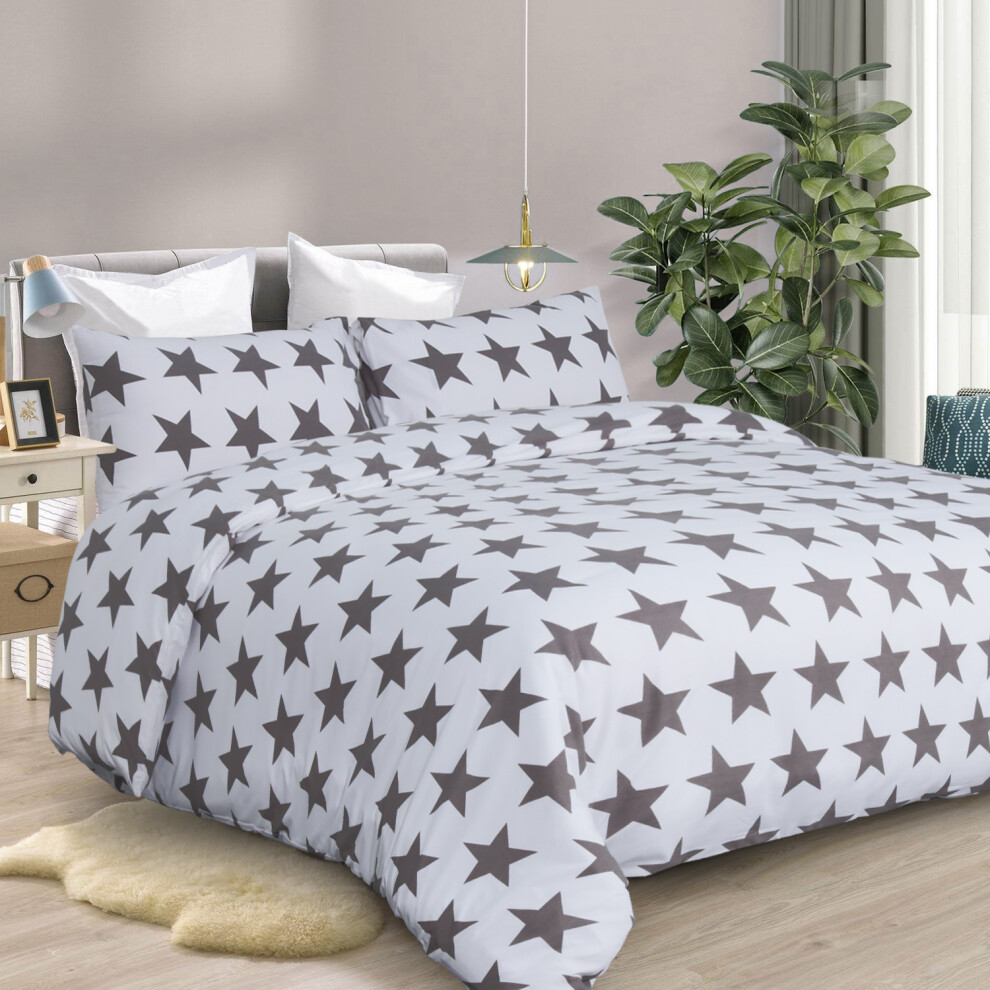 (Grey Star, Double) Reversible Duvet Quilt Cover Bedding Set With Pillow Cases Single Double King