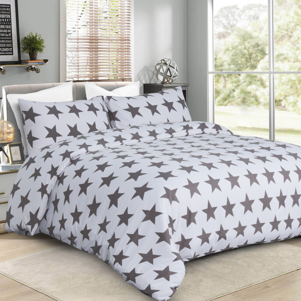 (Grey Star, King) Reversible Duvet Quilt Cover Bedding Set With Pillow Cases Single Double King