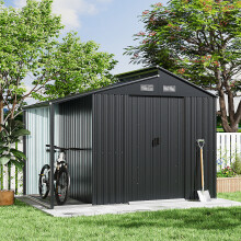 300cm W Grey Galvanized Steel Storage Shed with Metal Lean-To, 2 Doors, Ventilation &amp; Skylight
