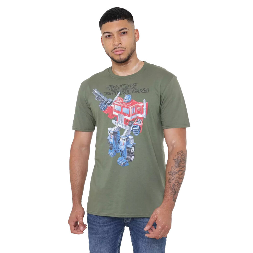 (M, Military Green) Transformers Mens Old School Optimus Prime T-Shirt