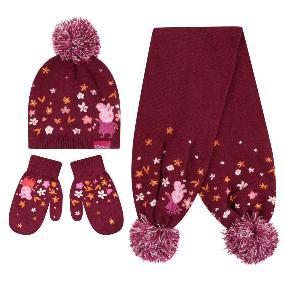 (1-3 Years, Berry Pink/Autumn) Regatta Pom Pom Knitted Peppa Pig Hat Gloves And Scarf Set